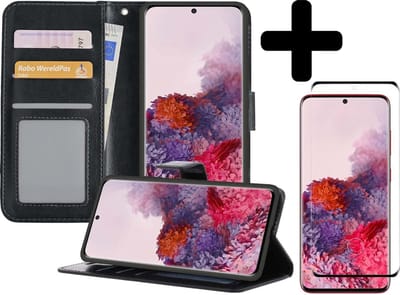 Hoesje - Met Screenprotector - Geschikt voor Samsung Galaxy S20 - Luxe Pasjeshouder - Bookcase Portemonee - Flip Case - Kunstleer Book Case - Flipcase - Book Cover - Walletcase - Portemonneehoes - Telefoonhoesjes - Zwart