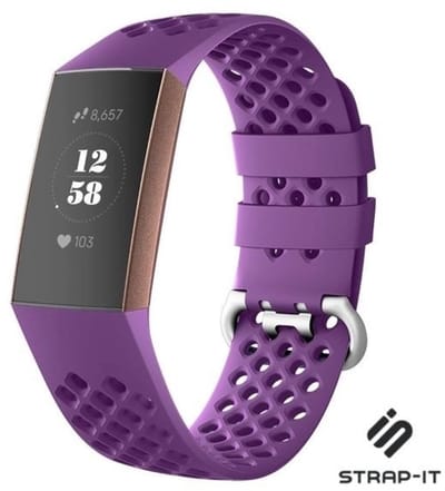 Strap-it Siliconen bandje met gaatjes - geschikt voor Fitbit Charge 3 / Fitbit Charge 4 - donkerpaars - Maat: Maat S