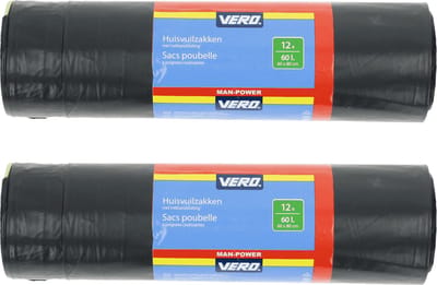 Vero Afvalzakken/vuilniszakken met trekband - 24x stuks - 60 liter - Extra sterke lekvrije trekbandzakken - Gerecycled plastic