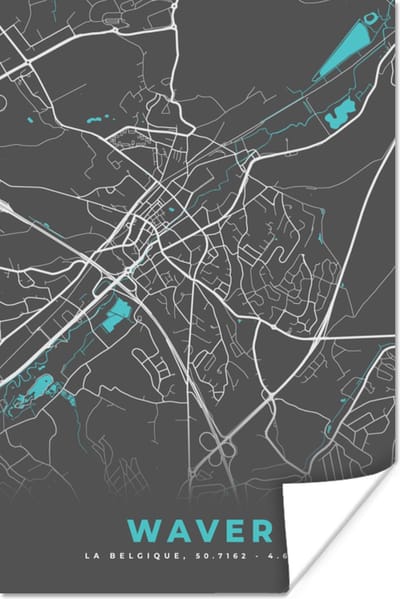 Poster Plattegrond – Waver – Blauw – Stadskaart - Kaart - 120x180 cm XXL