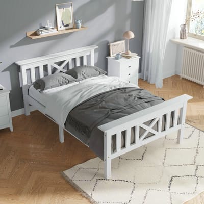 VVBV Kinderbed 90x200 cm met Voor Kinderen/Tieners, Hoofdbord - Lattenbodem - Massief Hout Wit