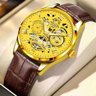 Montre squelette pour homme à mouvement entièrement automatique, lumineuse, étanche, haut de gamme, calendrier original pour homme Minimum yellow
