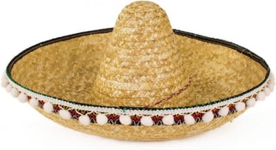 KIMU® Sombrero Bruin Wit Balletjes - Mexico Mariachi Gevlochten Riet - Mexicaans Rieten Zomerhoed Dames Heren Festival