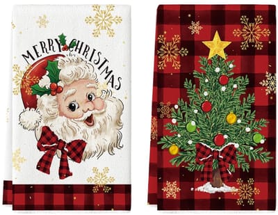 VT Goods - Kerstboom Keukenhanddoeken - Vrolijk Kerstfeest - 42 cm x 65 cm - Polyester Set van 2 - Theedoeken met Santa Claus - Geschikt voor volwas...