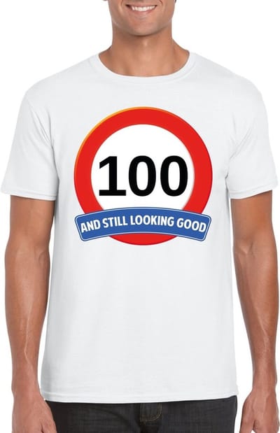 100 jaar and still looking good - t-shirt met verkeersbord print - wit - voor heren - verjaardag cadeau - party - feestartikelen 100 jarige S