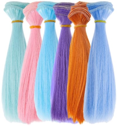 Dailygoods- Poppenhaar Set van 6 Stuks - 6 Kleuren - 15 cm Lang - Kunsthaar - Hoge Temperatuur Vezel - Voor BJD Accessoires - Poppenpruik