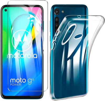 Hoesje Geschikt voor: Motorola G8 Power - Soft TPU Siliconen Case & 2X Tempered Glas Combi - Transparant