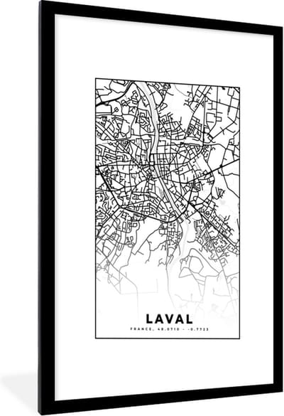 Fotolijst incl. Poster Zwart Wit- Kaart - Plattegrond - Laval - Frankrijk - Stadskaart - Zwart wit - 60x90 cm - Posterlijst