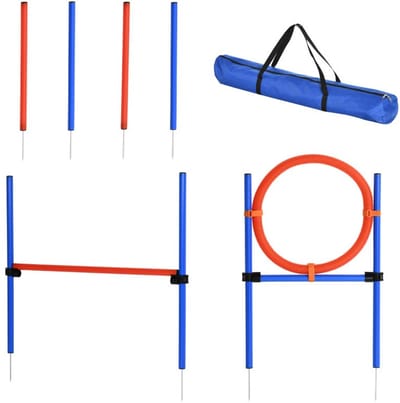 Honden Agility Trainingsset 3-in-1 Blauw+Rood Verstelbare Hoogte Slalom Horden Springring Incl. Draagtas voor Puppy Training Buiten