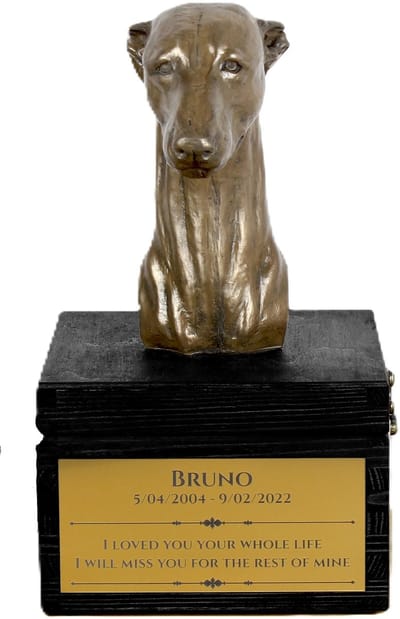 Whippet urn hond met gravure en hondensculptuur, handgemaakt kunstwerk