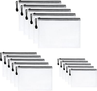 Documententas A4+A5+A6, 15 stuks gazen plastic ritszakken, waterdichte documentvakken, ritsvak, portemonnee-vak, kunststof gazen documentenmappen