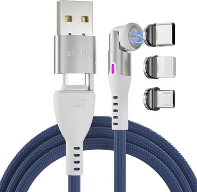 SnelShoppen - Statik 360 Pro Magnetische Oplaadkabel - Type C Snellader 3-in-1 USB C naar USB C Kabel, Micro USB & iProduct Tips, USB A Adapter, 100W