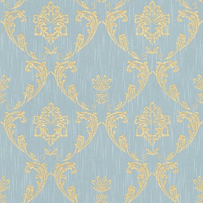 Barok behang Profhome 306586-GU textiel behang gestructureerd in barok stijl glanzend goud blauw groen 5,33 m2