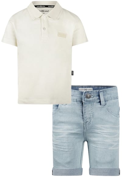 Koko Noko - NOOS-BOYS - Jongens - Biologische katoen - Kledingset - Jeans shorts - Polo Shirt Off white - Maat 92