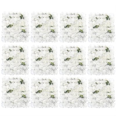 Bloemenwand – Voor Decoratie & Events – Set van 12 Kunstbloemen Panelen met Hortensia en Rozen, 40×60 cm – Voor Bruiloft en Feest – Wit