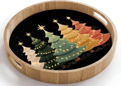 Dienblad rond 40x40 cm - Schootdienblad hout - Kerstbomen - Kleurrijk - Lichtjes - Ster - Borrelplank rechthoek - Plateau houten dienbladen