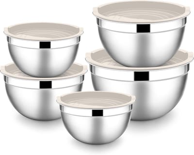 Set van 5 RVS Mengkommen met Luchtdichte Deksel - Ideaal voor Koken, Bakken en Opslag, Stapelbaar en Vaatwasserbestendig, Capaciteit van 0.7 L tot 4.5 L