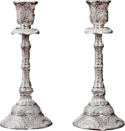 Metalen Kandelaars - Kaarshouders Set - Woondecoratie - Reliëf Patroon - 2-delig - Zilver