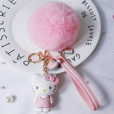 Nieuwe Sanrio Hello Kitty Kuromi Melody Cinnamoroll Schattige Sleutelhangers met Pluizige Konijnenbontbal Vrouwen Meisjes Tas Hanger Sleutelhanger Cadeaus gray