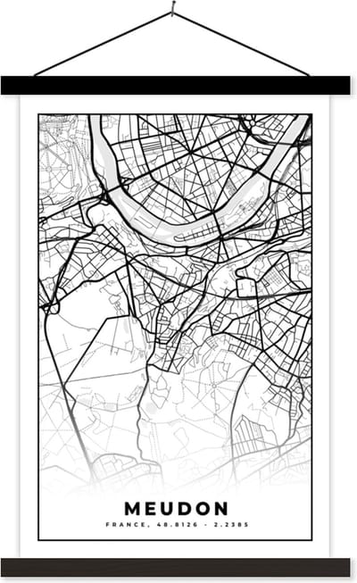 Posterhanger incl. Poster 40x60 cm - Schoolplaat - Stadskaart - Plattegrond - Kaart - Frankrijk - Meudon - Zwart wit - Textielposter - Zwarte latten - Stadskaart
