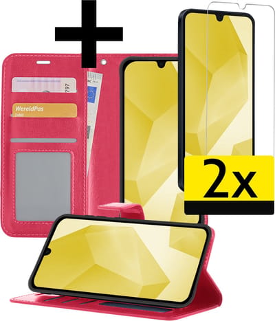 Hoesje - Met 2x Screenprotector - Geschikt voor Samsung Galaxy A16 - Luxe Pasjeshouder - Bookcase Portemonee - Flip Case - Kunstleer Book Case - Flipcase Hoes - Book Cover - Walletcase - Portemonneehoes - Telefoonhoesjes - Donkerroze