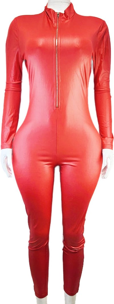 Jumpsuit - Onesize - Rood wetlook glans stof feest party kleding festival pak