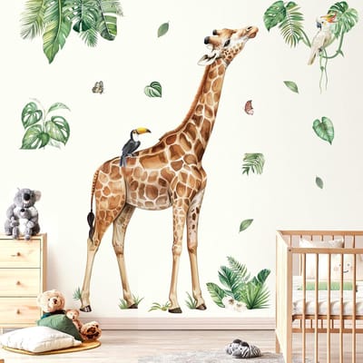 Famanu – Muursticker - jungle dieren - giraffe - XXL wandopdruk - safari dieren - tropische bladeren - wandsticker voor kinderkamer - babykamer - slaapkamer - wanddecoratie