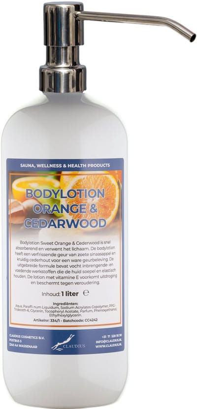 Bodylotion Sweet Orange & Cedarwood 1 Liter met luxe RVS zilverkleurige pomp - stijlvolle en duurzame uitstraling