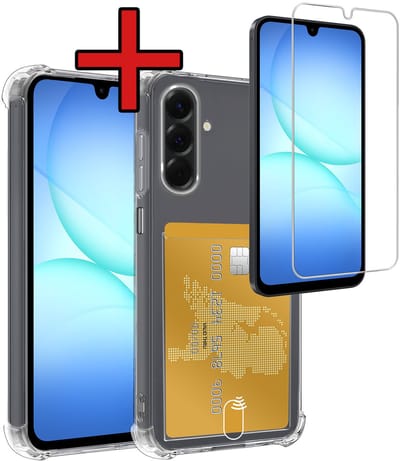 Hoesje - Geschikt voor Samsung Galaxy A17 - Met Screenprotector - Pashouder - Kaarthouder - Back Cover - Telefoon Hoes Shockproof - Siliconen Case - Shock Proof - Pasjes Houder - Telefoonhoes - Transparant