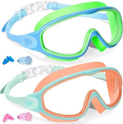 2 Stuks Kinder Zwembrillen voor 3-12 Jaar - Breed Lekkagebestendig Kind Zwemglas met Oordopjes & Neusklem - Anti-Wasem UV Bescherming Zacht Silicone Zwembril voor Jongens Meisjes Strand Watersport