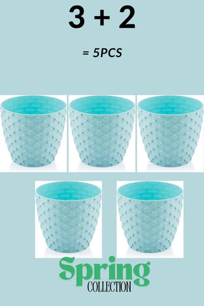3+2 - Bloempotten - rond - licht blauw met afwatering en wateropvang - 5 ronde blauwe sierpotten