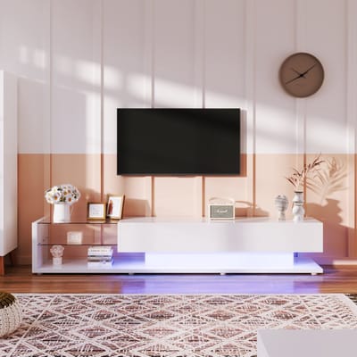 DESMIU Tv Meubel - Hoogglans Met Led Verlichting En 2 Lades - Voor Woonkamer Met Glazen Planken - Spaanplaat - 170x36x38 Cm - Wit