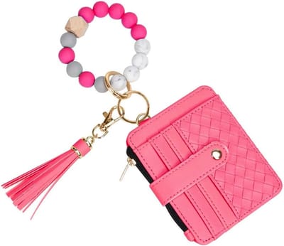 Slimme Sleutelhanger Portemonnee met RFID Bescherming, Creditcard Houder en Siliconen Tassel, Roze, Één maat