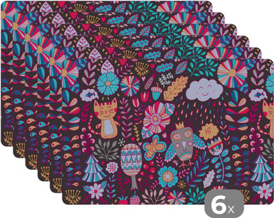 Placemat - Placemats kunststof - Patroon - Uil - Kat - Bloemen - 45x30 cm - 6 stuks - Hittebestendig - Anti-Slip - Onderlegger - Afneembaar