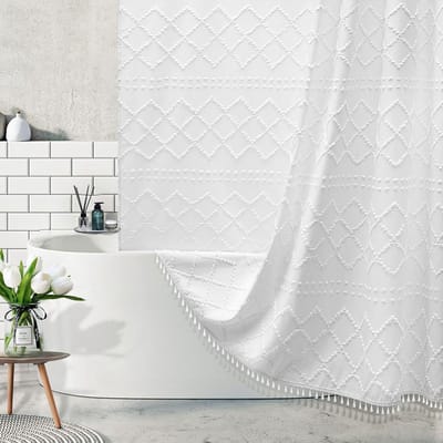 Witte Boho Douchegordijn - Stoffen Gordijn - Badkamer Decoratie - Getuft Chevron Ontwerp - 183 x 213 cm - Wit