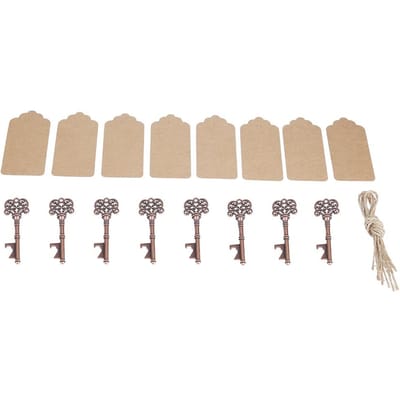 12 stuks Vintage Sleutelvorm Flesopener Legering Sleutelhanger Koperen Sleutelhanger met Labels beige