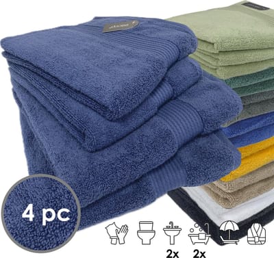 iSleep Terry Badtextiel - Voordeelset (4 delig) - 2x Handdoek 60x110 cm - 2x Badlaken 70x140 cm - Donker Blauw