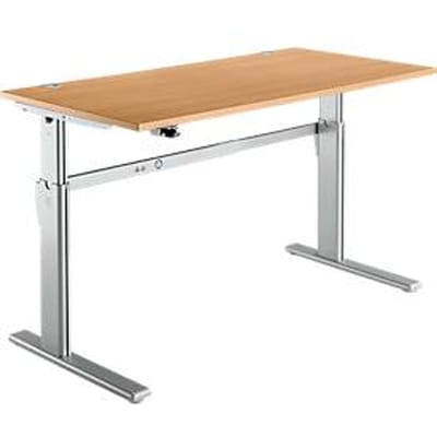 Standaard bureau, elektrisch in hoogte verstelbaar, rechthoekig, C-poot, B 1600 x D 800 x H 725-1185 mm, beuken/blank aluminium RAL 9006