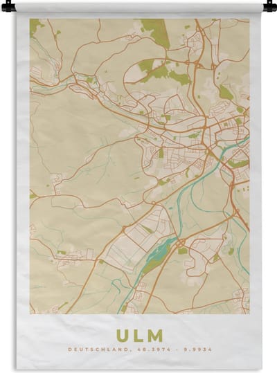 Wandkleed - Wanddoek - Ulm - Plattegrond - Vintage - Kaart - Stadskaart - 120x180 cm - Wandtapijt