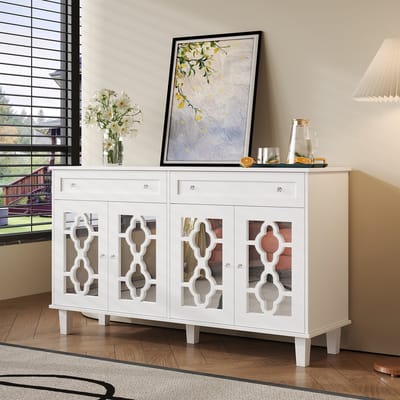 STILVORA Dressoir - 4 Spiegeldeuren Met Kristallen Grepen En 2 Lange Lades - Verstelbare Planken Voor Extra Opbergruimte - MDF - 140x40x83 cm - Wit