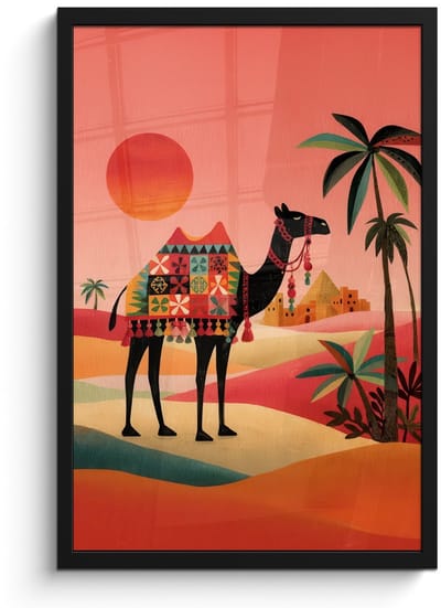 Poster in lijst - Fotolijst 40x60 cm - Posters - Kameel - Gekleurd tapijt - Duinen - Rode zon - Posterlijst zwart - Decoratie - Wanddecoratie woonkamer - Muurdecoratie slaapkamer