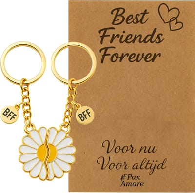 BFF Sleutelhanger voor 2 'Best Friends Forever' - Magnetische Bloem - Sleutelhangers op Cadeau Kaartje - Goudkleurig - Vriendschap Symbool - Pax Amare