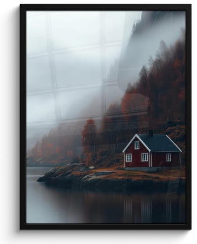 Poster in lijst - Fotolijst 50x70 cm - Posters - Huis - Rood - Bergen - Water - Posterlijst zwart - Decoratie - Wanddecoratie woonkamer - Muurdecoratie slaapkamer