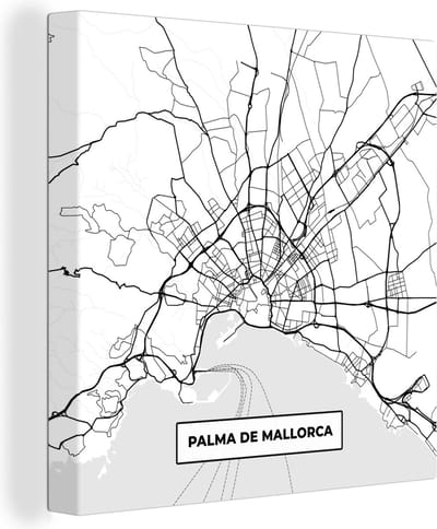 Canvas Schilderij Kaart - Mallorca - Stadskaart - Zwart Wit - Plattegrond - 20x20 cm - Wanddecoratie