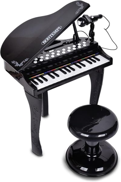 Elektronische vleugelpiano - Kinderkeyboard met microfoon - Muziek maken - 32 toetsen met krukje - 53x40x32 cm - Zwart