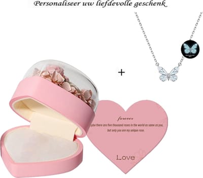 Hartvormige Roze Geschenkdoos met Blauwe Lichtgevende Vlinder Ketting – Glow in the Dark Sieraad, Luxe Romantisch Cadeau voor Haar