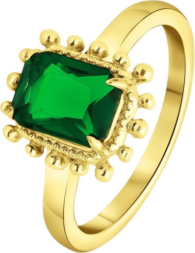 Lucardi Dames Stalen goldplated vintage ring vierkant groen - Ring - Staal - Goudkleurig - 21 / 66 mm