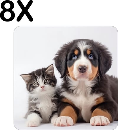 Luxe Placemat - Kitten en Puppy met Witte Achtergrond - Set van 8 Placemats - 50x50 cm - 2 mm dik Vinyl - Anti Slip - Afneembaar