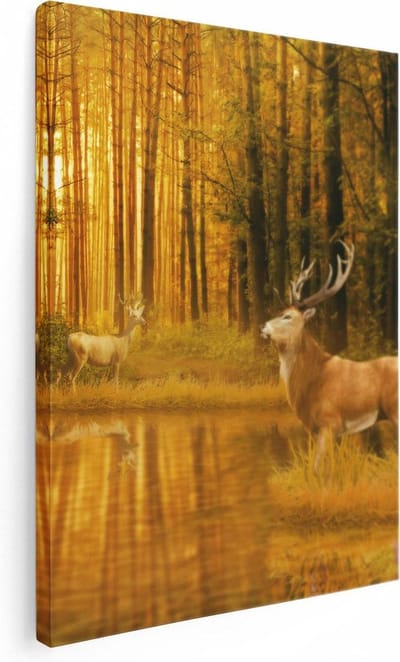 Artaza Canvas Schilderij Herten In Bos - 30x40 cm - Klein - Wanddecoratie Hert - Muurdecoratie Zonsondergang - Kamer Accessoires Woonkamer