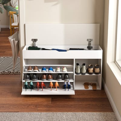 Schoenenkast - Schoenbank Met Opklapbaar Opbergvak En Zitkussen - Voor Hal En Woonkamer - MDF - 100 X 30 X 52 Cm - Wit